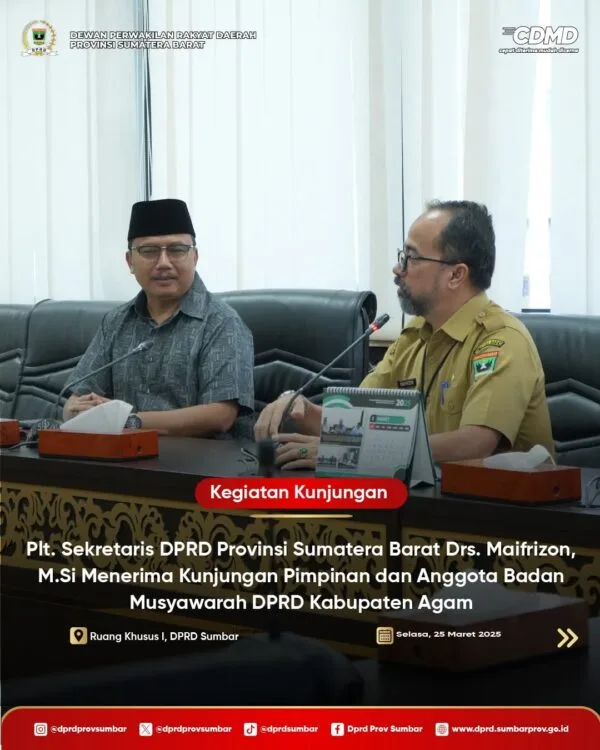 Plt. Sekretaris DPRD Sumbar Terima Kunjungan Banmus DPRD Agam, Bahas Penguatan Sinergi dan Anggaran