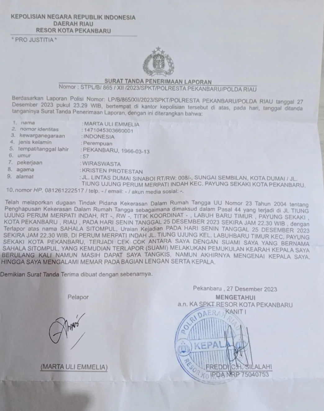 Ibu Rumah Tangga Diduga Korban KDRT Melapor ke Polresta Pekanbaru