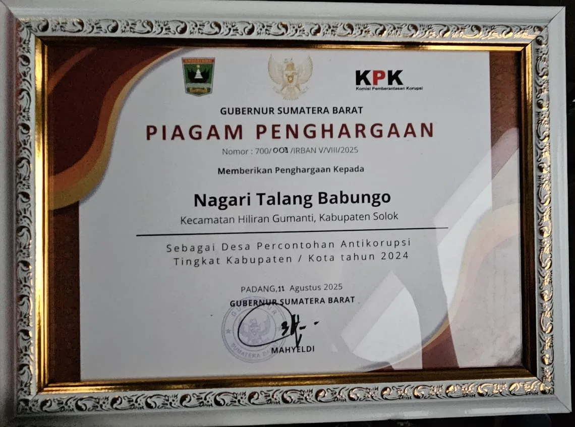 Nagari Talang Babungo Terima Penghargaan Desa Percontohan Antikorupsi Tingkat Kabupaten/Kota Tahun 2024