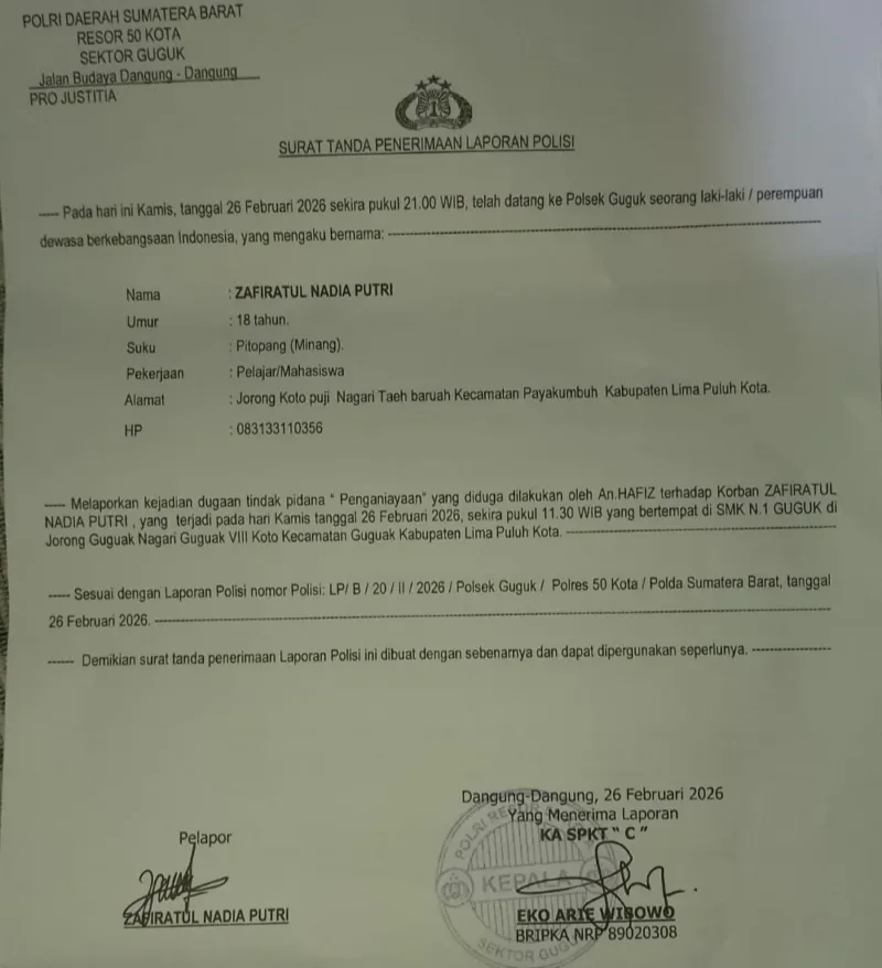 Guru di SMKN 1 Guguak Diduga Aniaya Siswi karena Makan Buah Program MBG, Dilaporkan ke Polsek Guguak.